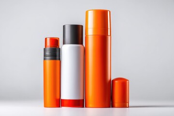 Three orange cosmetic containers, different sizes, on a light gray background