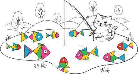 Fototapeta premium Vector illustration of a cute cartoon cat fishing for colorful geometric fish in a pond. A playful recreational hobby concept for children.