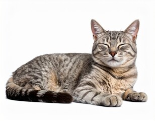 Obraz premium Relaxed cat lying down with eyes closed on white background