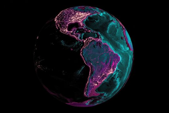 Earth, vibrant, night-light map, colored continents