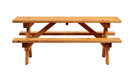 Wooden picnic table with two benches
