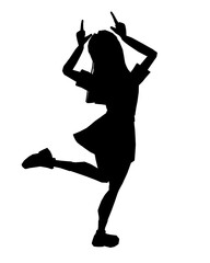 A college girl leaps joyfully in a dynamic black and white silhouette against a clean white background. The image captures her mid-air with outstretched arms, conveying freedom and energy.