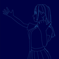 A young college girl in a uniform stands with arms outstretched, depicted in a simple blue contour line drawing. The dark blue background emphasizes the minimalist style.