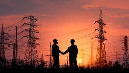 Sunset energy deal engineers shake hands at power plant