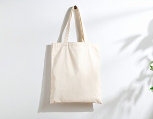 Blank Tote Bag Mockup: Hanging on White Wall. Clean, Minimalist & Realistic for Logo & Brand Identity