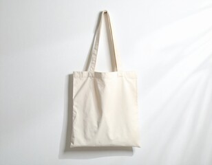 Blank Tote Bag Mockup: Hanging on White Wall. Clean, Minimalist & Realistic for Logo & Brand Identity
