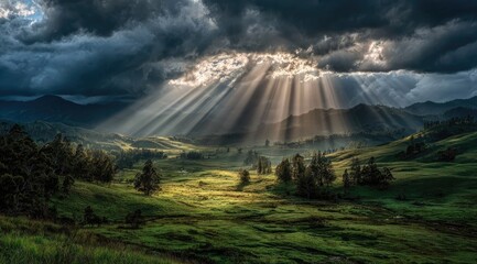 Sunbeams pierce dark clouds, illuminating a verdant valley
