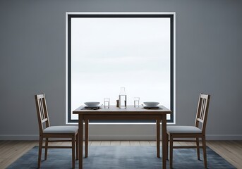 Minimalist dining room scene with a table set for two in front of a window