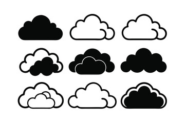 Grid displaying various cloud icons in black and white, with some filled and some outlined, representing different styles and variations of cloud symbols for design or weather applications