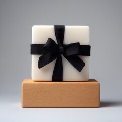Square white soap gift-wrapped in black ribbon