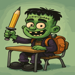 Funny Frankenstein with backpack, holding pencil like a sword at school desk.