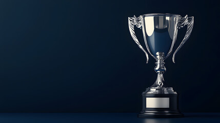 Illustration of a shiny silver trophy on a dark blue background with a minimalist design and blank space for a mockup. Trophy illustration for a championship mockup.