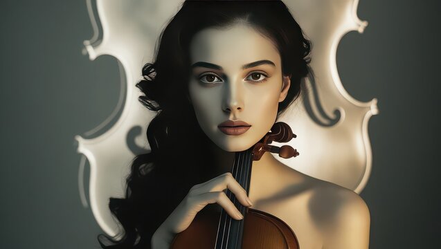 Portrait of a woman with dark hair holding a violin against a cello shaped backdrop with soft lighting