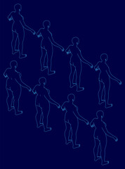 A line drawing of a woman's body in various poses, from standing to walking, against a blue background. The illustration features both slim and full-figured contours, showcasing diverse body types.