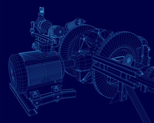 A 3D wireframe model of an electric motor features detailed mechanical components like pistons and motor parts. The blueprint-style design is displayed on a clean blue background.