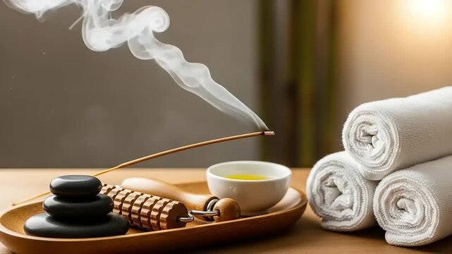 Spa setting with aromatherapy, stones, and towels