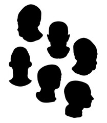 Black silhouettes of human heads stand out sharply against a clean white background. The minimalist composition highlights facial profiles with strong contrast.