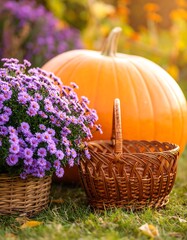 Autumnal pumpkin and flowers in a garden setting