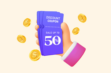 3d hand holding gift voucher cards with coupon code, percentage off, golden coins flying around, isolated on background. Cashback coupon concept in 3d vector illustration. Vector illustration