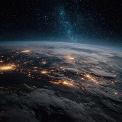 Fototapeta premium Earth at night, lit by city lights, with clouds and stars