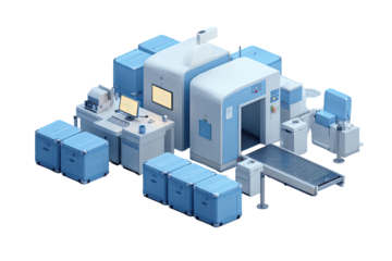 Modern, stylized, isometric rendering of a baggage security system