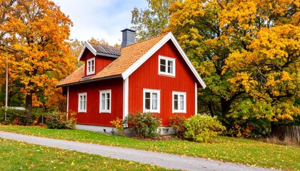 Autumnal red house nestled in a vibrant fall forest