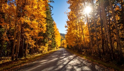 Obraz premium Autumnal roadway through a vibrant forest