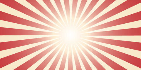 Red sunburst lines on yellow Background. Light sun rays pattern. Vintage stripes halftone radial wallpaper for poster, banner, advertising backdrop, comic or circus scene.