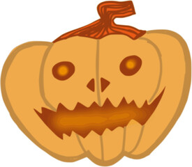 A cartoon-style, grinning Halloween pumpkin with a crayon-like texture, set against a playful, spooky backdrop.