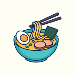 Japanese ramen bowl with chopsticks, Asian food, Noodle bowl with soft-boiled eggs, and vegetables.