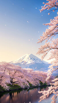 wallpaper background template featuring mount puji, japanese cherry blossom in gradiant pink color