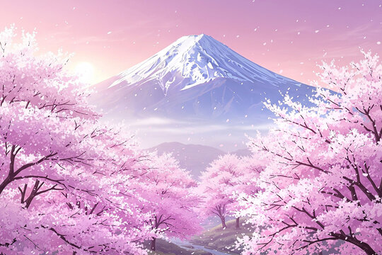 wallpaper background template featuring mount puji, japanese cherry blossom in gradiant pink color