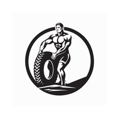 Silhouette of Strong Man Flipping Tire in Gym Workout Black and White Design