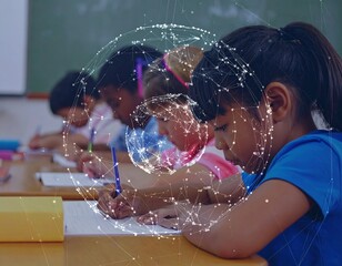 Diverse Students Learning with Digital Connection Overlay, Educational Technology Concept