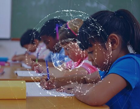 Diverse Students Learning with Digital Connection Overlay, Educational Technology Concept