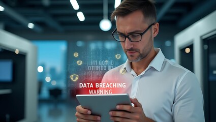 Caucasian male in glasses examines a tablet, concerned about a data breaching warning in a modern office setting.