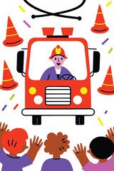 Firefighter & Kids Vertical & Portrait Poster Template. Community Helper Frame with Blank Copy Space