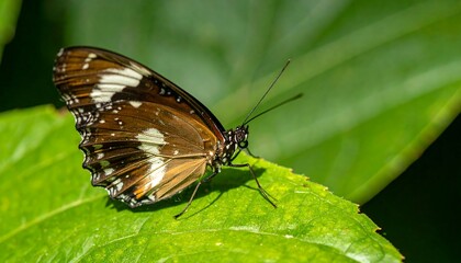 Fototapeta premium Close-up of a Brown Butterfly on a Green Leaf