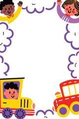 Kids Transportation Vertical & Portrait Poster Template. Fun Bus & Train Frame with Blank Copy Space