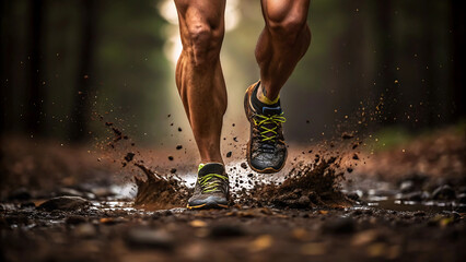 Athletic male legs running through mud image