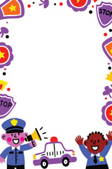 Police Officer & Kids Vertical & Portrait Poster Template. Community Helper Frame with Blank Copy Space