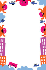 Cute Kaiju Monsters Vertical & Portrait Poster Template. Playful Cartoon Frame with Blank Copy Space