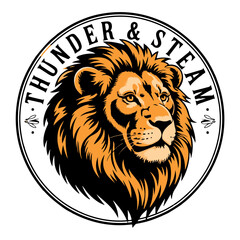 Illustration of a lion's head inside a circle with the words 