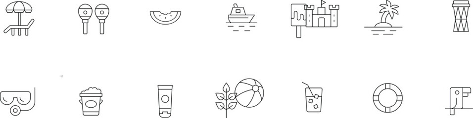 Beach and Summer Line Icon Set – Minimalist Vacation, Travel, Sea, Sand, Sun, Drink, Lifebuoy, Snorkel, Castle, Palm, Holiday Symbols