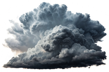 A huge, dense dark storm cloud, Dark Cloud 1.png, billowing with dramatic grey smoke. Transparent Background Png image Isolated on white background.