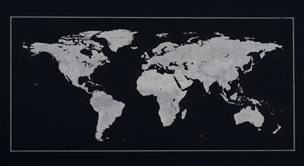World Map Illustration in White and Black with Geographical Details