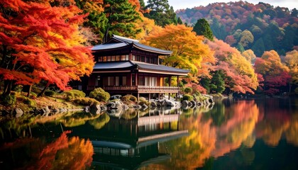 Autumnal temple by a tranquil lake