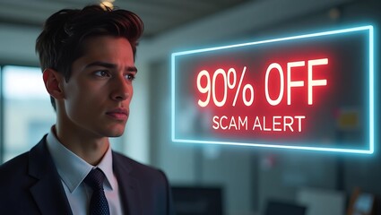 A serious young man in a suit stands against a glowing scam alert message, emphasizing caution in a modern office setting.