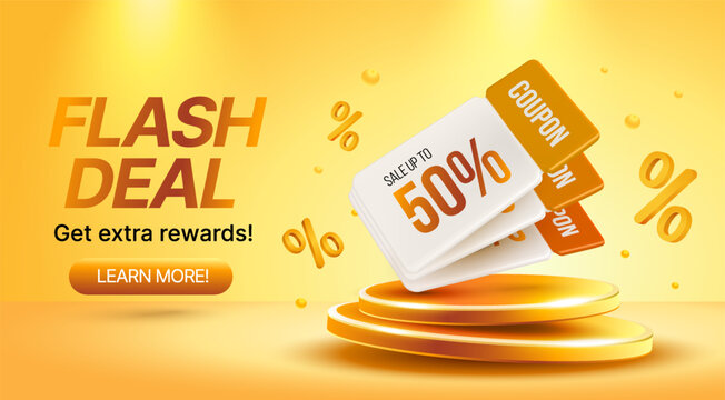 Flash sale podium banner with 3d card voucher cashback on stage, coupon code, percent icon, isolated on background. Flash deal coupon banner concept in 3d vector illustration. Vector illustration