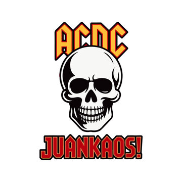 A skull illustration with "ACDC" text above and "JUANKAOS!" text below, all in a stylized, graphic design.
